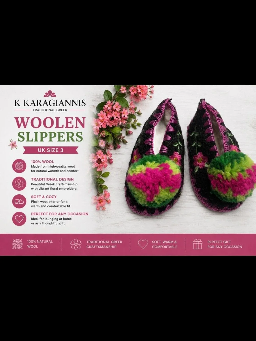 K KARAGIANNIS traditional Greek woolen slippers UK 3
